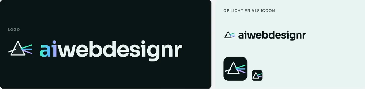 Logo aiwebdesignr met een prisma dat licht in drie kleuren breekt, op donker en licht