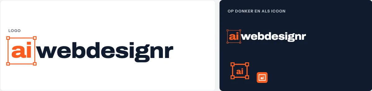 Logo aiwebdesignr met ai in een oranje selectiekader, op wit en op donkerblauw